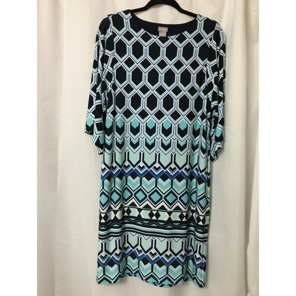 Chico's Knit Stretch Dress 1 Aqua Navy Blue White Geometric Work Church D1
